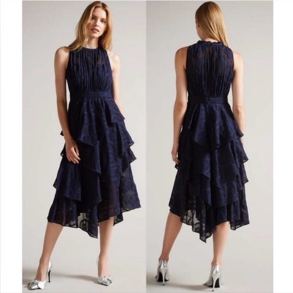 TED BAKER MIDI FLORYAH DRESS IN NAVY BLUE SIZE 0 - Picture 2 of 6